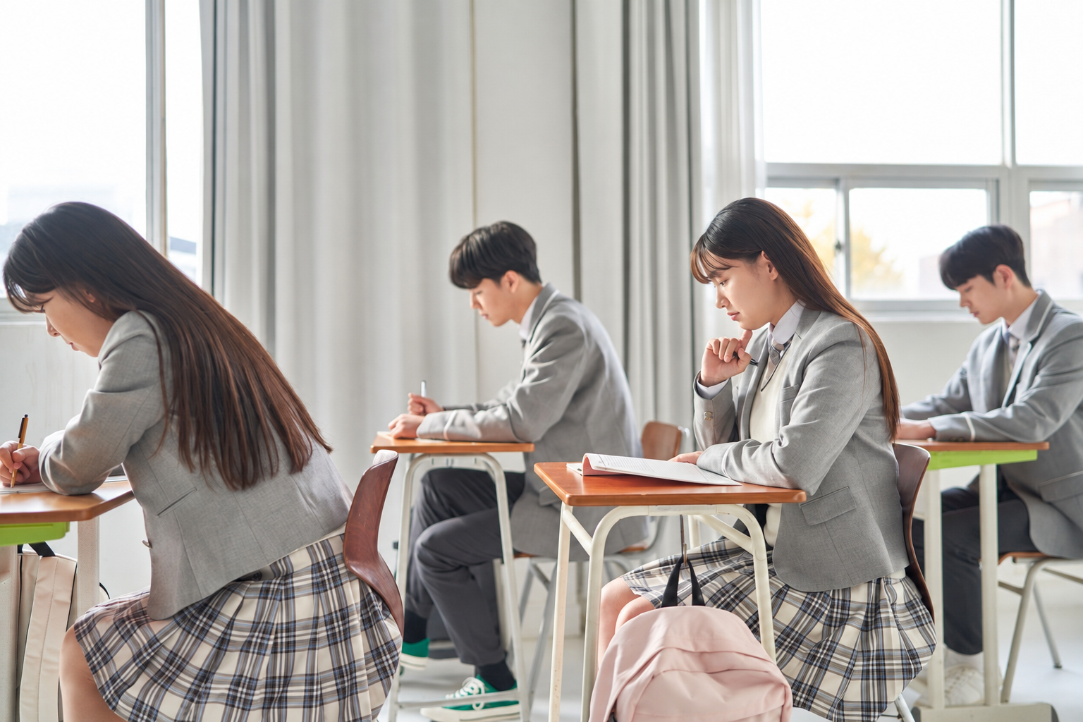 교실에서 책을 읽으며 생각하는 여학생과 뒤쪽 학생들