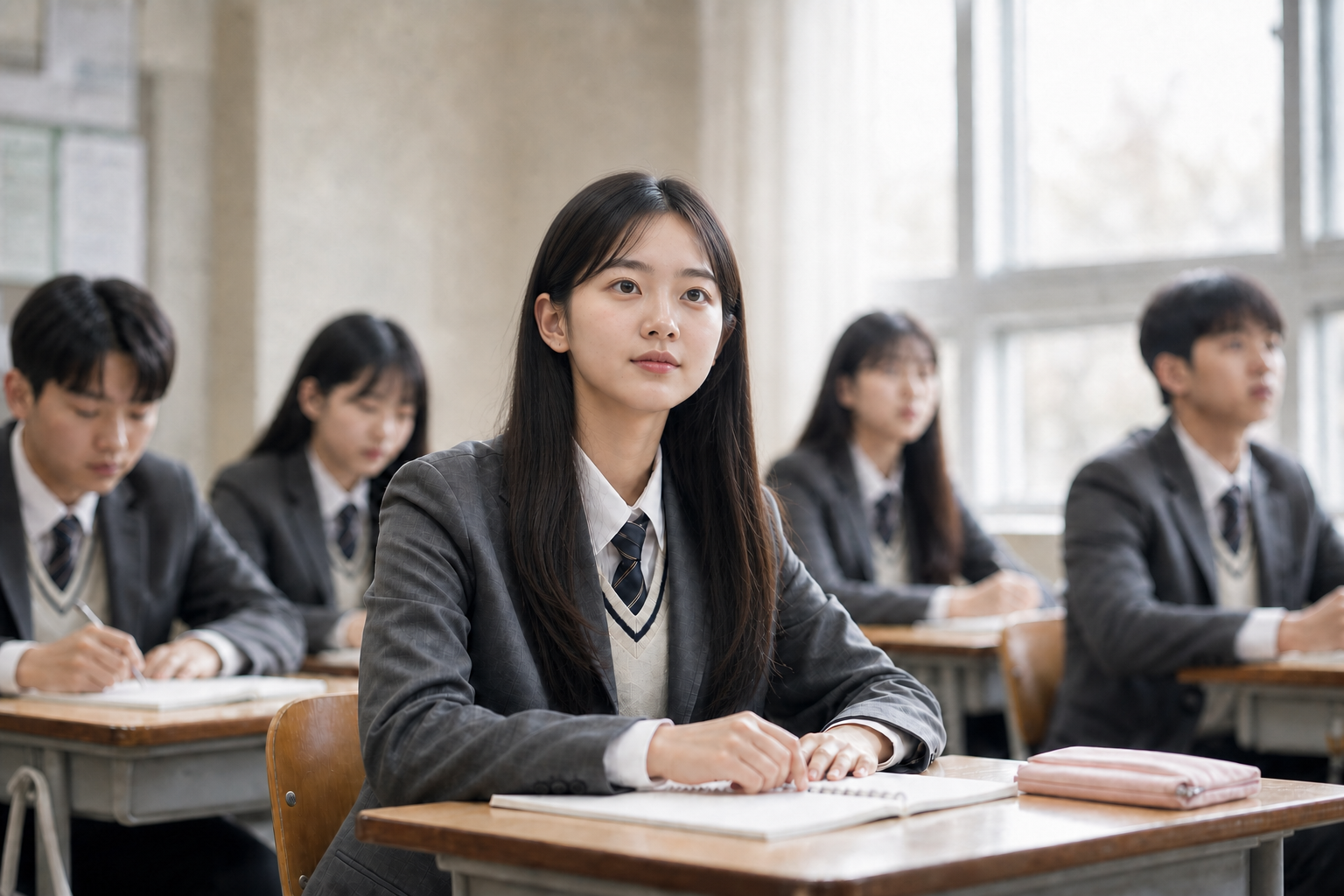 수업에 집중하는 한 학생과 흐릿하게 보이는 중고등학생들